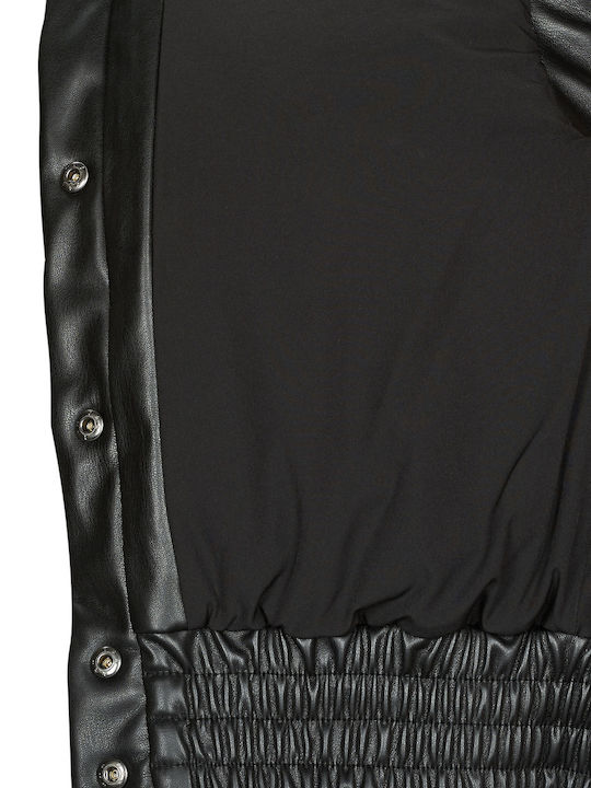 Women's Short Puffer Artificial Leather Jacket for Winter Black