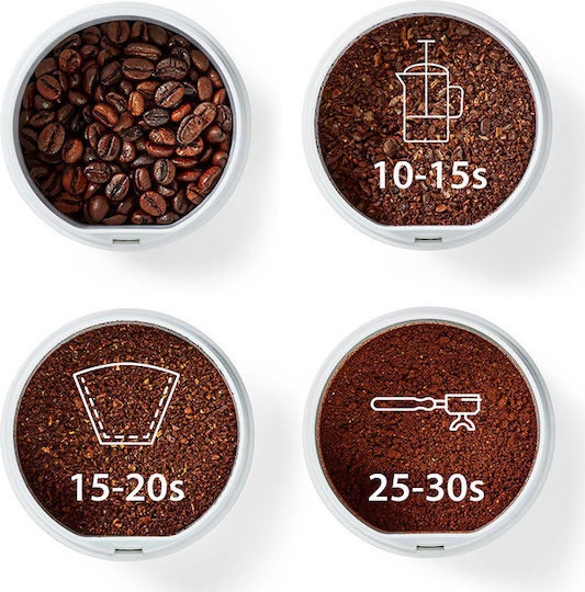 Nedis Râșniță electrică pentru cafea 150W cu capacitate de boabe 70gr și 3 niveluri de măcinare Alb