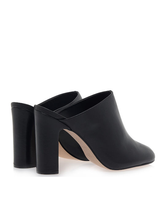 Leather Mules with Chunky High Heel in Black Color