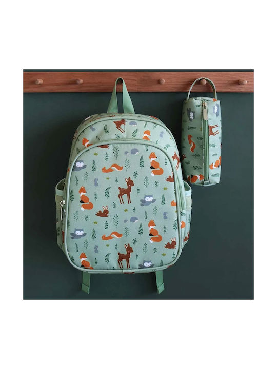 A Little Lovely Company Forest Friend School Bag Backpack Kindergarten Green with Water Bottle Holder 16Liters