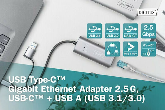 Digitus DN-3028 USB-C Адаптер за Мрежа с Проводниково Свързване Gigabit Ethernet
