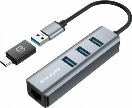 Graugear USB Hub 3 Ports USB 3.0 with Connecting to a Computer USB-A / USB-C / Ethernet Gray