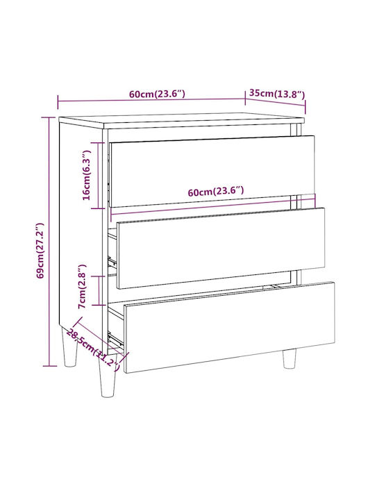 Wooden Chest of Drawers with 3 Drawers Smoked Oak 60x35x69cm