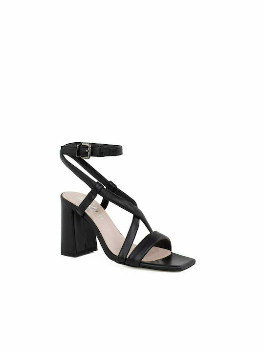 Fardoulis Leather Women's Sandals with Chunky High Heel In Black Colour