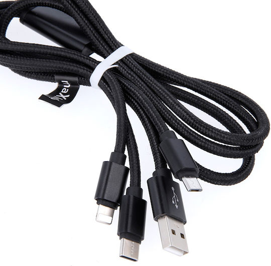 Maxlife Regular USB to Lightning / Type-C / micro USB Cable 2.1A Μαύρο 1m OEM001520