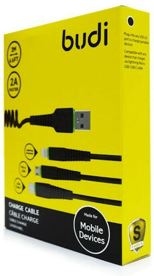 Fonex Budi Cable 3in1 Спирала USB към Lightning / Type-C / micro USB Кабел 2A Черен 2м M8J150T3S-BLK