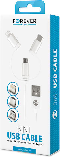 Forever Regular Cablu USB la Lightning / Type-C / micro USB cu mai multe porturi Alb 1m (3IN1)