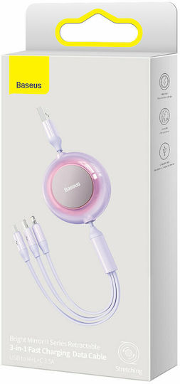 Baseus Bright Mirror 2 Flat / Retractable USB to Lightning / Type-C / micro USB Cable 3.5A Μωβ 1.1m (CAMJ010005)