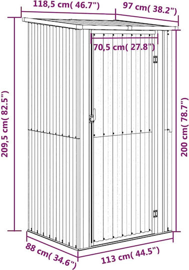 Metallic Garden Shed Galvanized Grey L1.185xW0.97xH2.095m