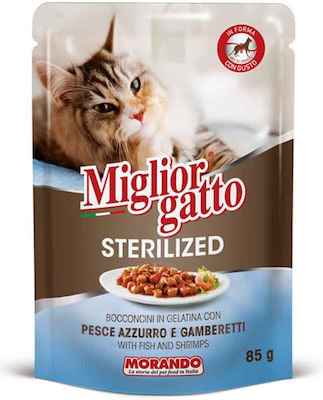 Morando Miglior Gatto Sterilised Nasses Katzenfutter für Katze in Beutel mit Shrimps und Fisch 85gr MO01470