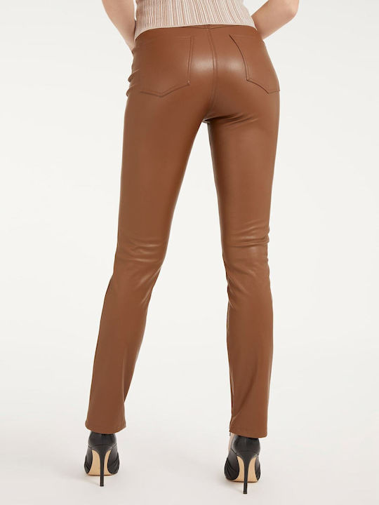 Women's High-waisted Leather Trousers Skinny Fit Brown