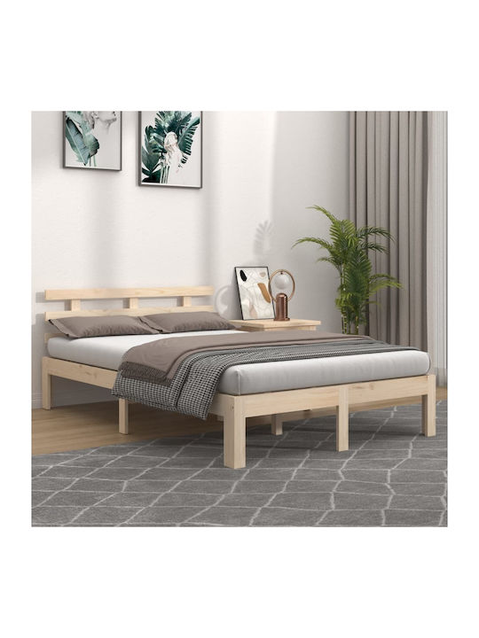 5FT Κρεβάτι Διπλό από Μασίφ Ξύλο Καφέ με Τάβλες για Στρώμα 150x200cm