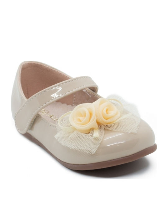 Kids Patent Leather Ballerinas with Hoop & Loop Closure Beige