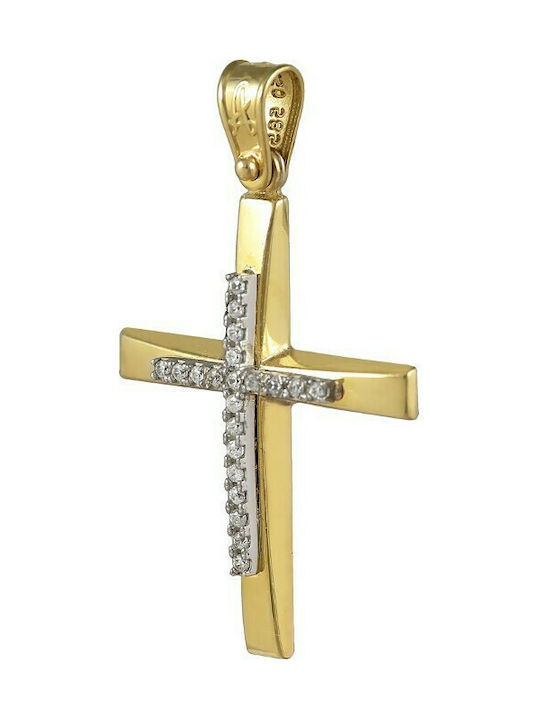 Baptismal cross in yellow and white gold 14K female, with white cubic zirconia* K-L