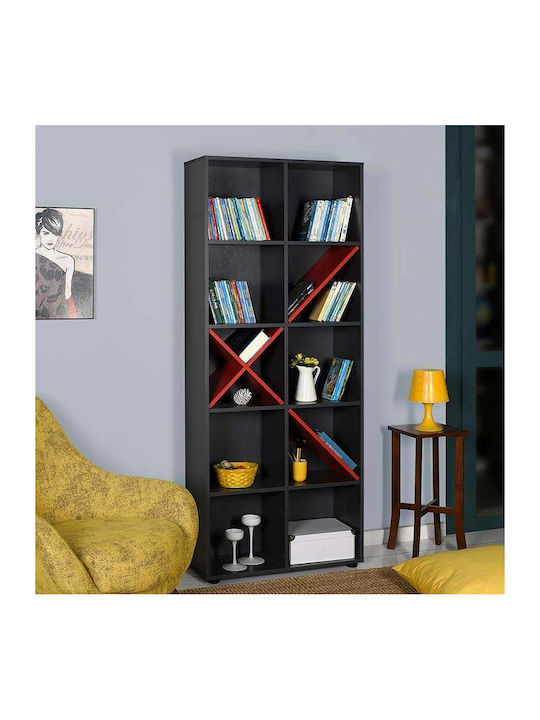 Bookcase Anthracite / Red 75x30x188cm