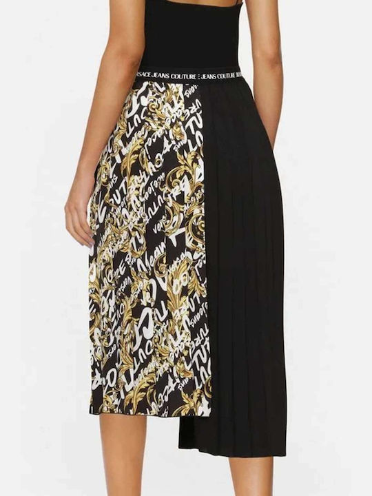 Versace Denim Pleated High Waist Midi Skirt in Black color