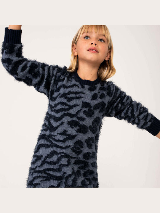 Παιδικό Φόρεμα Μακρυμάνικο Πλεκτό Animal Print Navy Μπλε