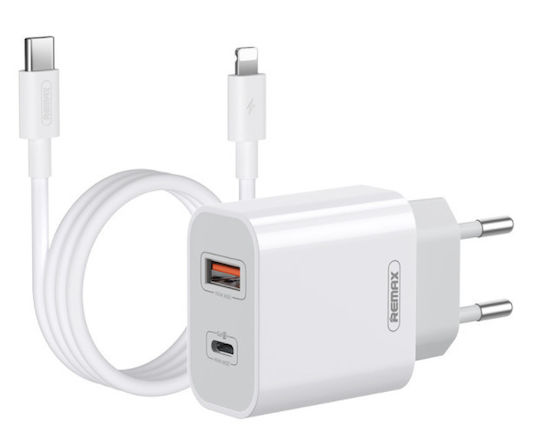 Remax Φορτιστής Χωρίς Καλώδιο με Θύρα USB-A και Θύρα USB-C 20W Power Delivery Λευκός (RP-U68)