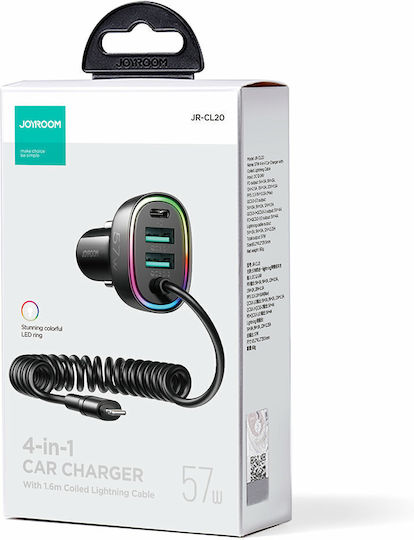 Joyroom JR-CL20 Φορτιστής Αυτοκινήτου 57W με Θύρες: 1xUSB 2xType-C μαζί με Καλώδιο Lightning Μαύρο Χρώμα