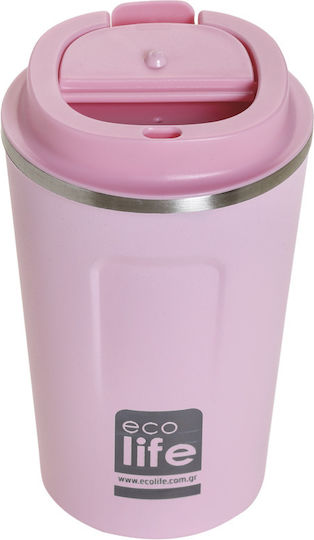 Ecolife Coffee Cup Glass Thermos Stainless Steel BPA Free 370ml Rose Pink with Mouthpiece