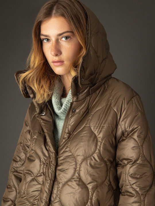 Biston Women's Long Puffer Jacket for Winter with Hood Khaki