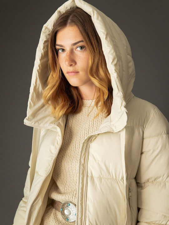 Biston Women's Short Puffer Jacket for Winter with Hood Light Beige