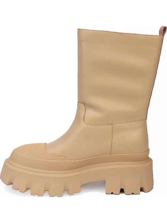 Vera Leather Women's Ankle Boots with Medium Heel Beige