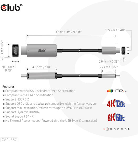 Club3D HDMI 2.1 Ultra High Speed 48Gbps 4K 120Hz HDR VRR Cable HDMI Male - USB-C Male 3m Black