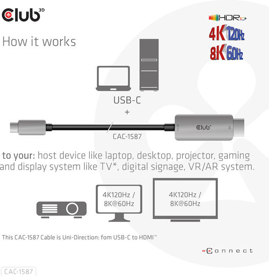 Club3D HDMI 2.1 Ultra High Speed 48Gbps 4K 120Hz HDR VRR Cable HDMI Male - USB-C Male 3m Black