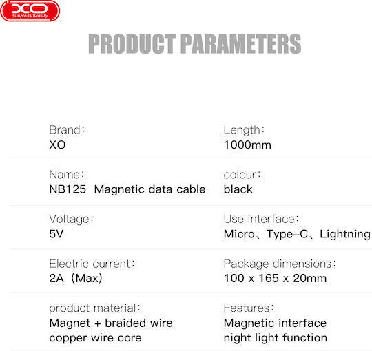 XO Braided / Magnetic USB 2.0 to micro USB Cable Μαύρο 1m (NB125)