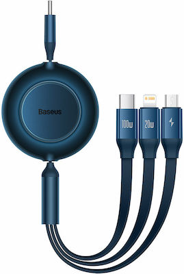 Baseus Bright Mirror 2 Flach / Ausziehbar USB zu Blitzschlag / Typ-C / Micro-USB Kabel 3.5A Blau 1.1m (CAMJ010203)