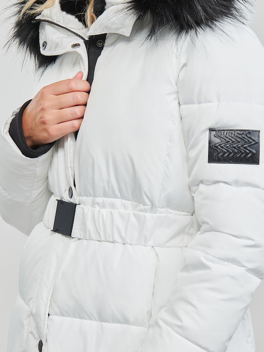 Noruega Lang Damen Puffer Jacke mit pelziger Kapuze für Winter Weiß