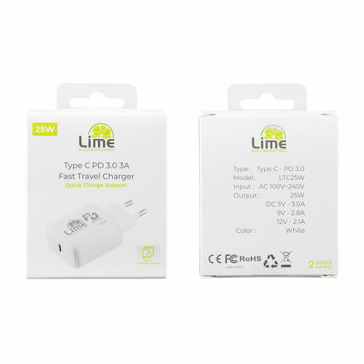 Lime Charger Without Cable with USB-C Port 25W Power Delivery Whites (LTC25W)