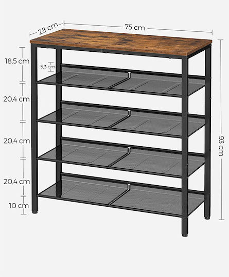 Metalică Suport pentru pantofi cu 5 Rafturi Neagră L75xW28xH93cm
