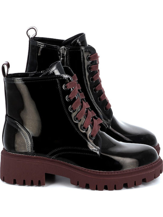 Women's Patent Leather Ankle Boots with Medium Heel Black