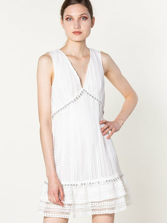 Guess Summer Mini Evening Dress with Lace & Ruffle White