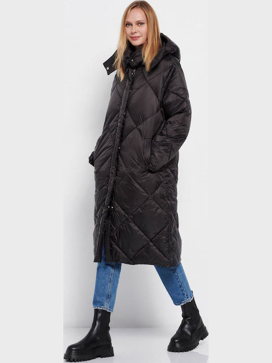 Lang Damen Puffer Jacke für Winter Schwarz