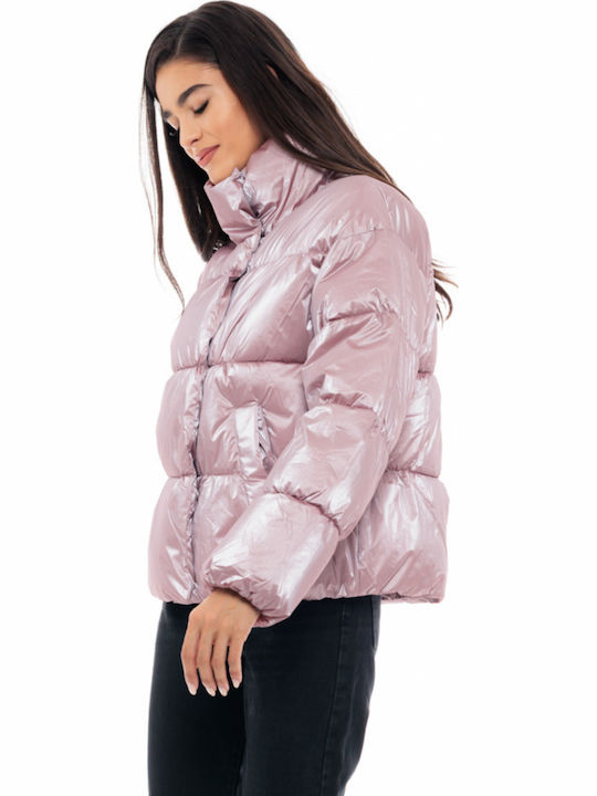 Κοντό Γυναικείο Puffer Μπουφάν για Χειμώνα Dusty Pink