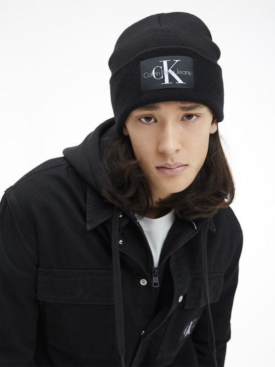 Calvin Klein Monologo Beanie Beanie with Rib Knit in Black color