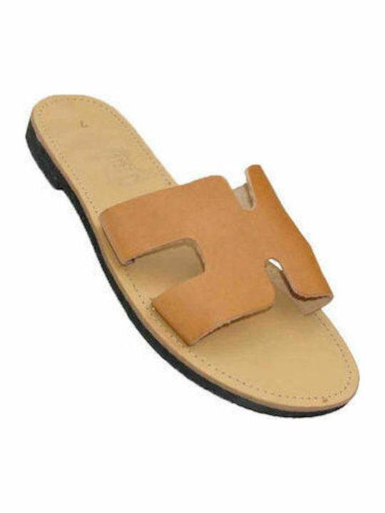 Leather Women's Flat Sandals in Tabac Brown Color