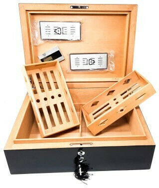 Sikarlan Cigar Humidifier Wood Box for 200 Cigars with Digital Hygrometer 42x32x14.5cm