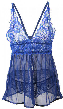CyprusLoveShop Mesh Chemise with String Set Babydoll Sexy Blue