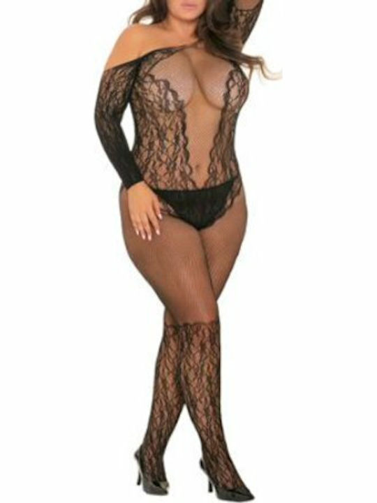 Rene Rofe 7065 Plus Size Sexy Bodystocking Mesh with Open Crotch Black