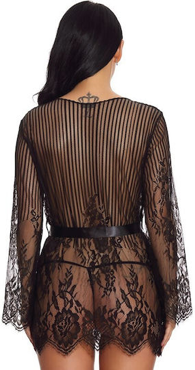 La Lolita Amsterdam Sexy Robe with Lace and Transparency Lace See Through Nightgown with Satin Ribbon Black