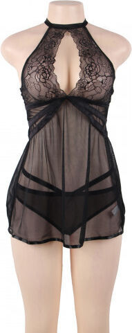 CyprusLoveShop 12469 Plus Size Adore Me Chemise with Thong Set Babydoll Sexy Black