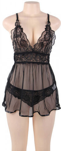 Subblime Plus Size Σετ Sexy Babydoll με Δαντέλα & Διαφάνεια Black