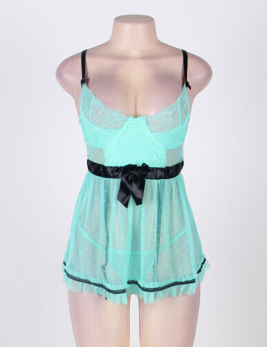 CyprusLoveShop Set Babydoll Sexy Plus Dimensiune Polka Dot Babydoll cu cordon Green