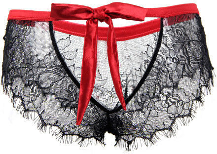 Lace Knickers with Bow Back Γυναικείο Sexy String Plus Size Black/Red