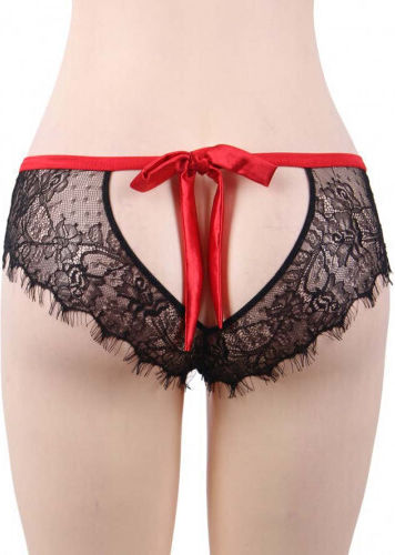 Lace Knickers with Bow Back Γυναικείο Sexy String Plus Size Black/Red