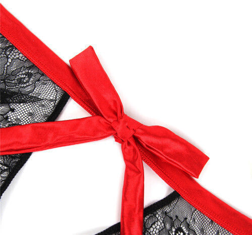 Lace Knickers with Bow Back Γυναικείο Sexy String Plus Size Black/Red